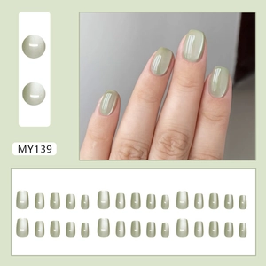 Short square green cat-eye press-on nails set with avocado pearl finish 24pcs
