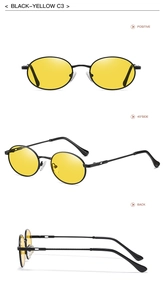 Drei Ansichten der Vintage-Metall-Sonnenbrille mit schwarzem Rahmen und gelben Gläsern