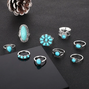 Detail of 9-piece retro bohemian ring set with vintage silver finish and turquoise stones