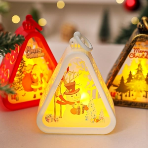 Detail of Christmas triangle lanterns in white, red and bronze with warm LED lighting