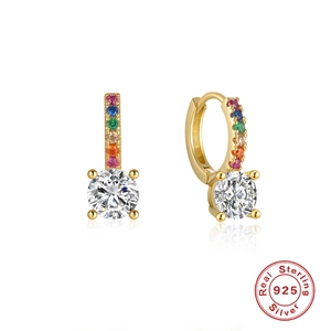 Luxury 925 sterling silver hoop earrings with colorful cubic zirconia and round drop