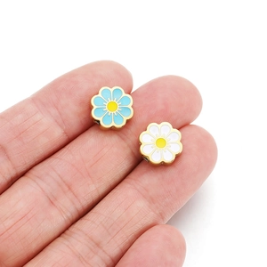 Daisy stainless steel flower beads for DIY jewelry making in sky blue and white enamel