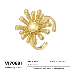 Detailed view of gold brass sunflower ring with dimensions and technical specifications