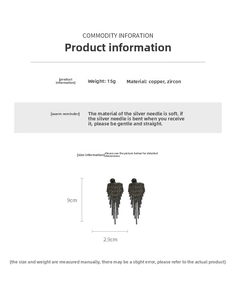 Size chart detail of tassel earrings showing 9cm length and silver needle material