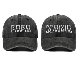 Set of PAPA and MAMA embroidered washed cotton baseball caps in vintage black and grey