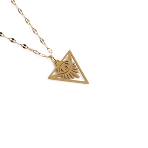 Minimalist gold stainless steel triangle evil eye pendant necklace on white background