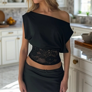 One Shoulder Crop Top Women Sexy Lace Patchwork Hollow Out Sheer Slim Fit Short Sleeve T-Shirt Streetwear