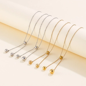Stainless Steel Y Necklace For Women Adjustable Sliding Round Bead Ball Pendant Polished Frosted Minimalist Trendy Jewelry