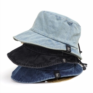 Washed Denim Bucket Hat Adjustable Drawstring Wide Brim Sun Protection Retro Casual Fishing Cap For Women