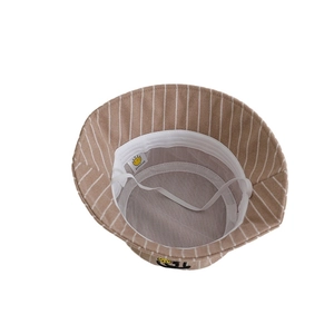 Light brown striped wool bucket hat for boys with wide brim and chin strap for wind protection