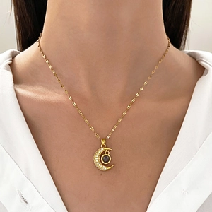 Elegant gold moon necklace with zircon pave and 100 languages I love you stone