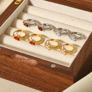 18K gold plated stainless steel hoop earrings with pear-cut zircon in red and white colors