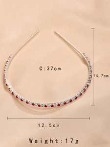 Detail view of silver headband with red and clear rectangular zircons and size annotations