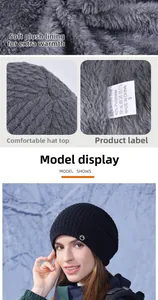 Détail du bonnet d'hiver en maille avec doublure polaire grise et texture tricotée