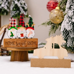 Christmas gnome wood ornaments and vintage car silhouette on a festive holiday scene
