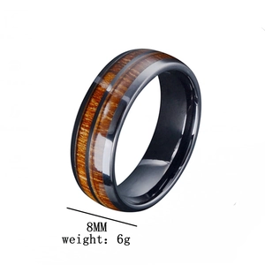 Detail view of 8mm men's vintage wood inlay ring showing width and 6g weight specs