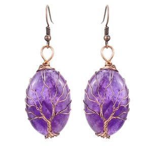 Detail of tree of life wire-wrapped earrings with oval natural amethyst in bronze finish