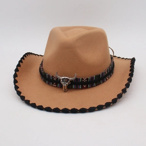 Khaki Western felt cowboy hat with ethnic colorful band and silver bull skull ornament