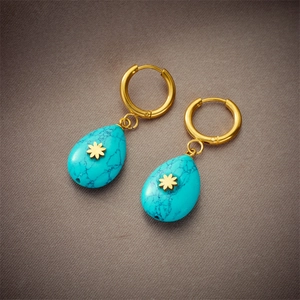 Retro turquoise teardrop earrings in titanium steel with gold flower detail and ear clips