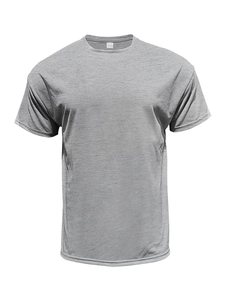 Close-up of light gray crew neck t-shirt with focus on neck collar and S size label