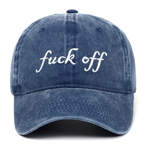 Casquette de baseball en coton délavé bleu foncé avec broderie fuck off blanche