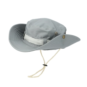 Detailed side view of a grey wide-brim sun hat with adjustable chin strap