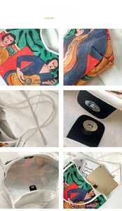Detail shots of canvas tote bag featuring magnetic closure and Matisse art print