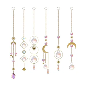 Set of six Aurora Borealis crystal suncatchers with gold sun and moon metal charms