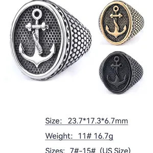 Vintage stainless steel anchor rings for men in silver, gold, and black finishes