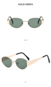 Front and side views of gold oval metal sunglasses with green lenses and black ear tips