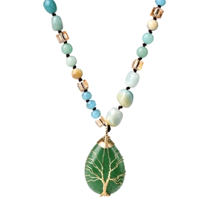 Handcrafted tree of life wire-wrapped necklace with green teardrop stone and beads