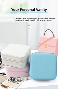 Macro shot of palm-sized square PU leather travel jewelry organizer with zipper