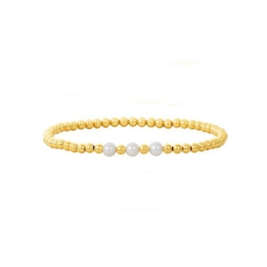 Detail of 18K gold-plated beads and three natural freshwater pearls on elastic bracelet