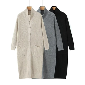 Women Long Knit Cardigan Sweater Chunky Ribbed Button Down With Pockets Stand Collar Solid Casual Outerwear