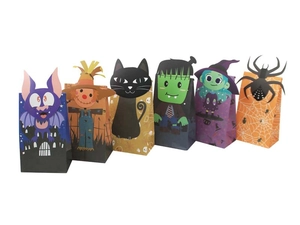 Detail of six Halloween kraft paper food bags with cartoon bat and witch designs
