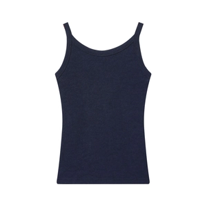 Detail of navy blue ribbed knit tank top showing high-quality vertical texture and stitching