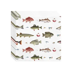 Detailed view of paper napkins with vintage fish illustrations and fishing tackle motifs