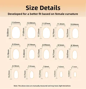 Size chart showing dimensions in millimeters for 15 pieces of short round press-on nails