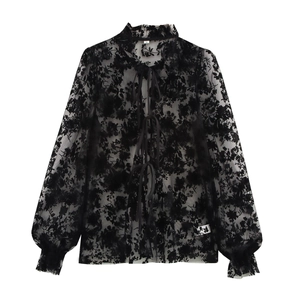 Women French Vintage Black Lace Blouse Sheer Mesh Flocking Floral Ruffle Tie Neck Lantern Sleeve Top