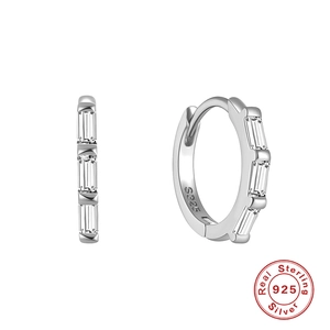 Classic S925 sterling silver hoop earrings with rectangular white zircon stones