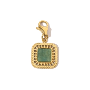 Detail of square gold pendant with green natural stone and lobster clasp for necklaces