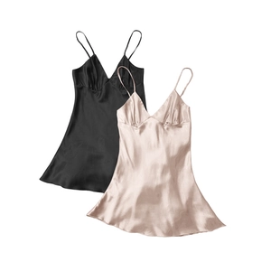 Women's silk satin chemise nightgown in black and rose gold with V-neckline straps
