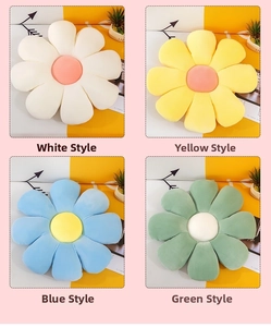 Detail of four colorful corduroy daisy flower cushions for office and home decor