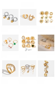 Detailed grid of 18K gold stainless steel rings with horseshoe U-shape and diamond accents