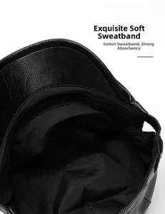 Detail of the soft cotton sweatband inside the premium black PU leather beret cap