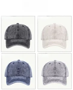 Grid view of washed denim baseball caps in dark grey, beige, navy blue, and grey colors