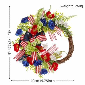 Detailed view of patriotic floral wreath with American flag ribbon and dimensions
