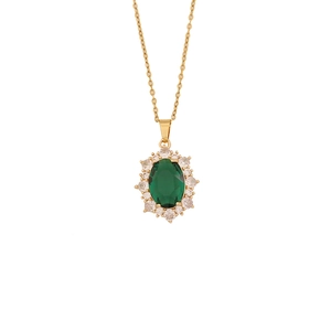 Elegant gold-plated oval pendant necklace with a green gemstone and sparkling zircons