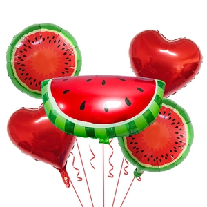 5-piece summer fruit balloon set featuring watermelon and red heart foil balloons for parties