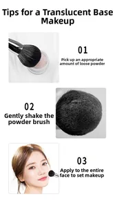 Three-step guide for using long-handle powder brush for setting and finishing makeup